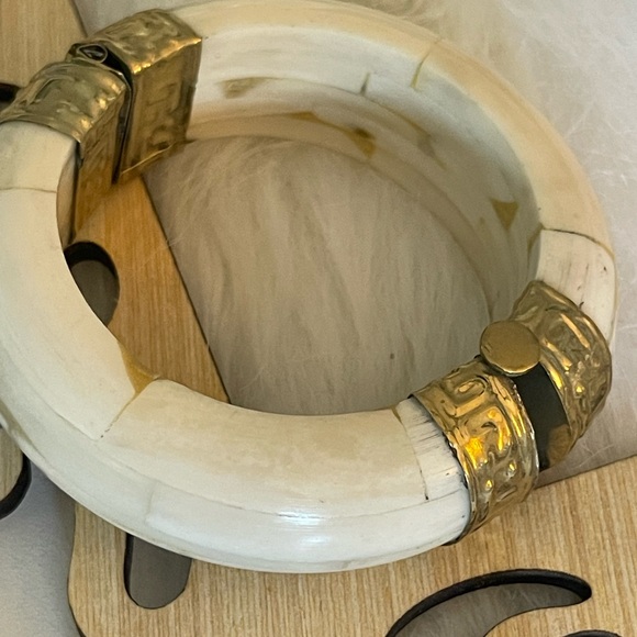 Indian Style Brass & Wood Bangle with White tones.  
3" x 1 1/4” wide. - Picture 2 of 5